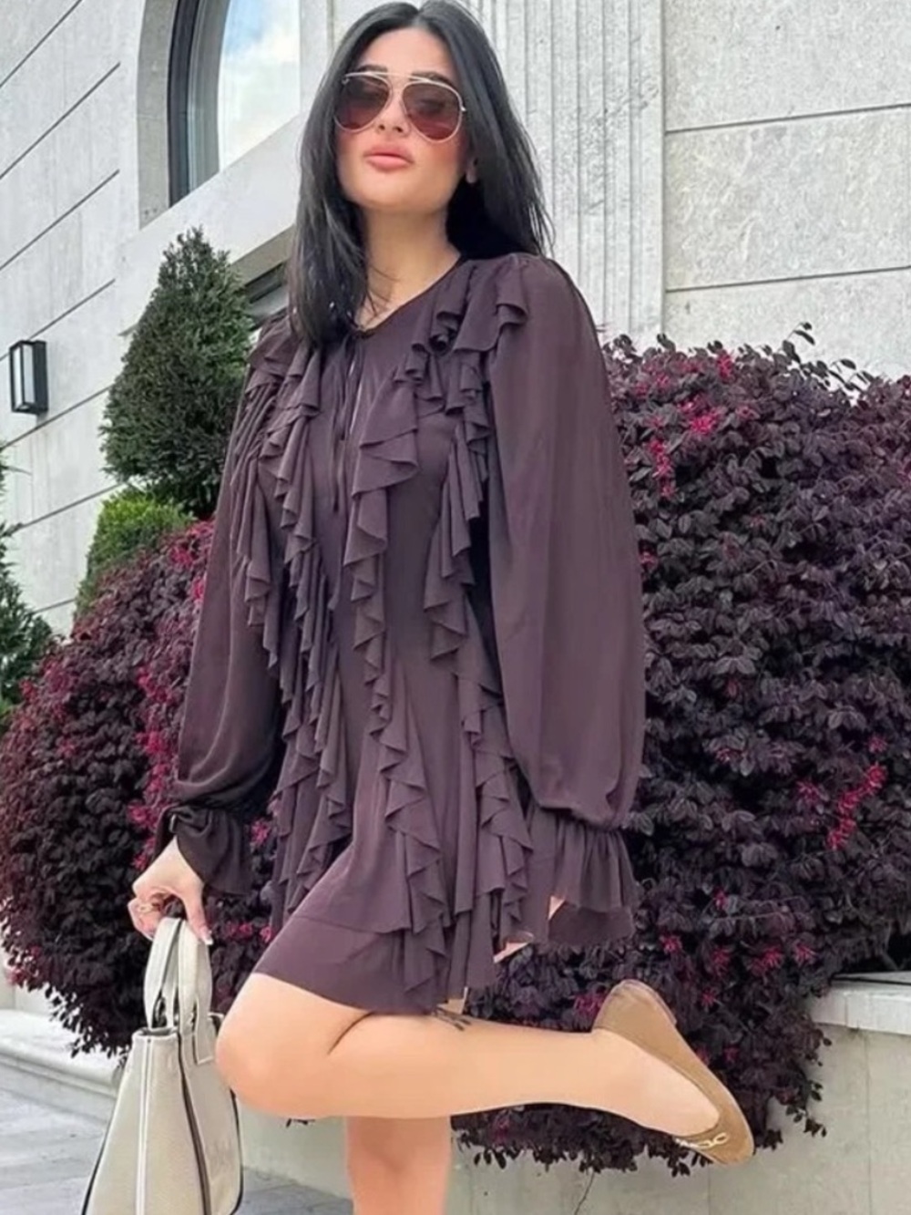 Zara Ruffled Cascading Chocolate Brown Semi Sheer Billowy Boho Mini Dress Medium - Picture 3 of 13